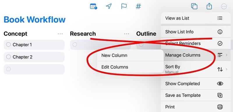 Visual representation of reminders in columns