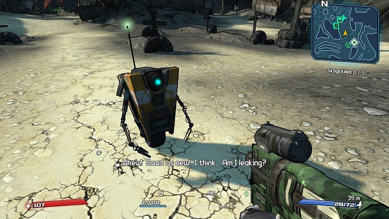 Screenshot of Claptrap, the beloved robot character