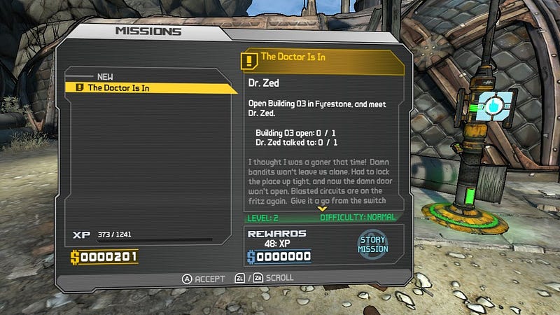 Screenshot demonstrating text dialogue in Borderlands