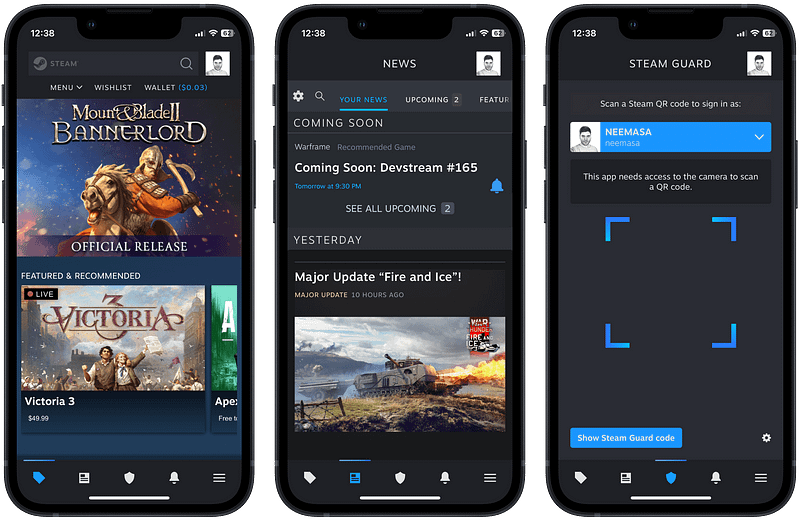 Steam Mobile app showcasing new design