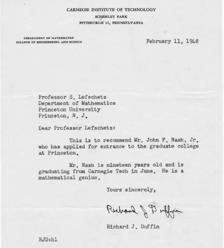 Recommendation letter for John Nash from Richard Duffin