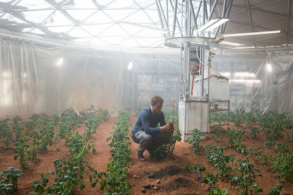 Scene from "The Martian" featuring a potato garden